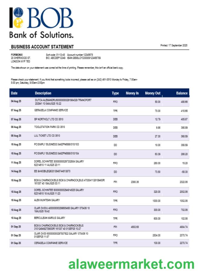 Bank of Bahamian firm account statement Word and PDF template